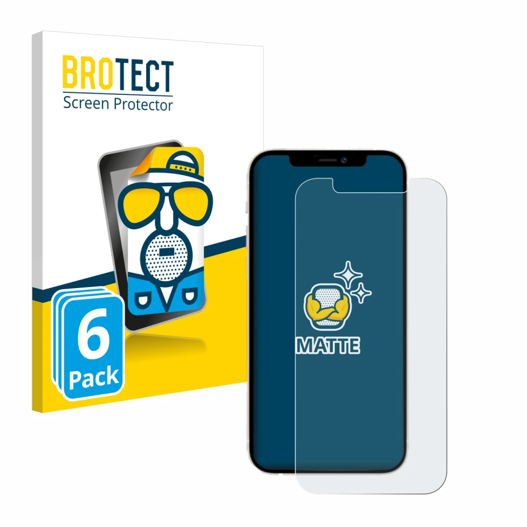 Face avant d’un emballage produit avec le logo de la marque BROTECT. À côté, l’appareil Apple iPhone 12 est représenté avec la