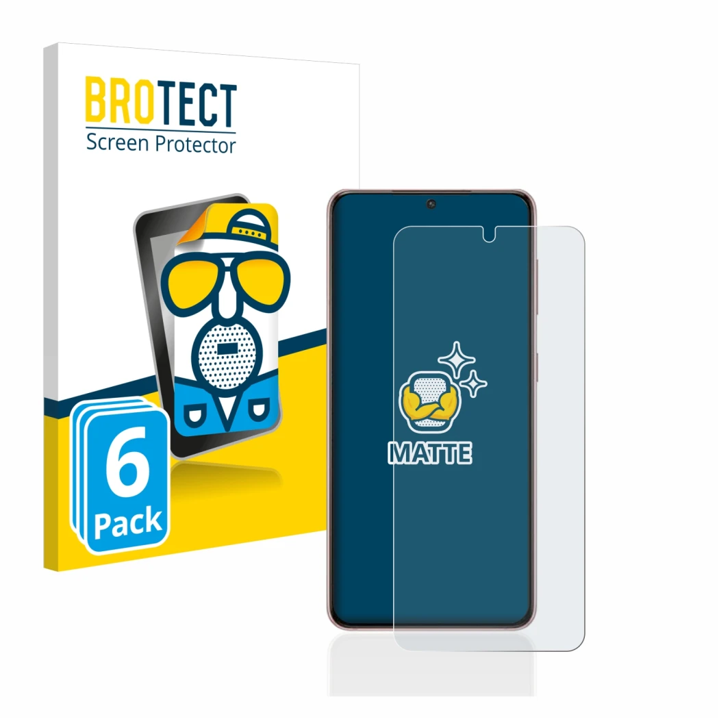 Face avant d’un emballage produit avec le logo de la marque BROTECT. À côté, l’appareil Samsung Galaxy S21 5G est représenté a