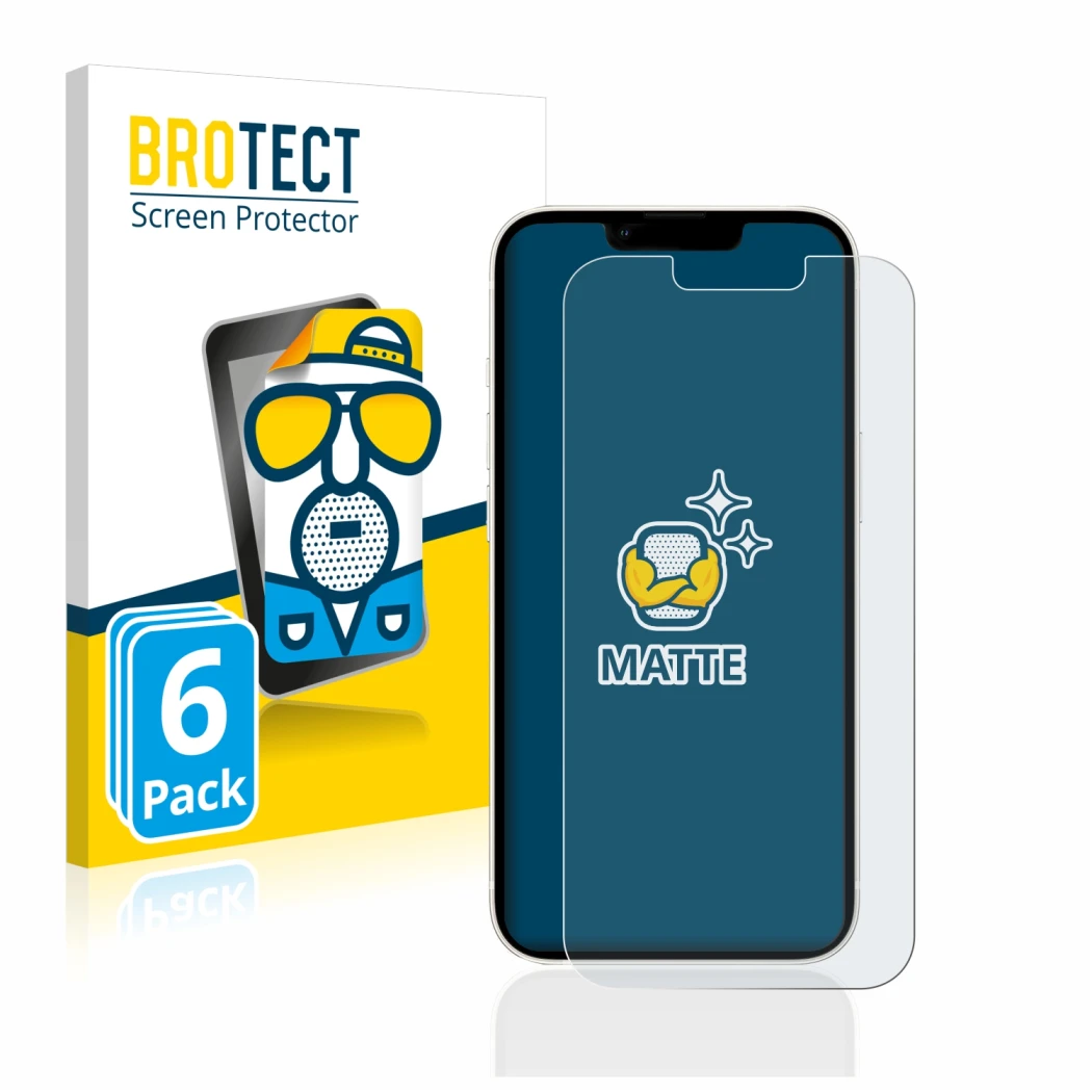 Face avant d’un emballage produit avec le logo de la marque BROTECT. À côté, l’appareil Apple iPhone 13 est représenté avec la