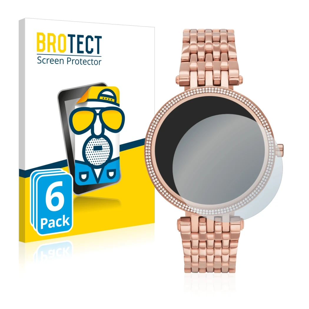 Face avant d’un emballage produit avec le logo de la marque BROTECT. À côté, l’appareil Michael Kors Access Darci Gen 5E est r