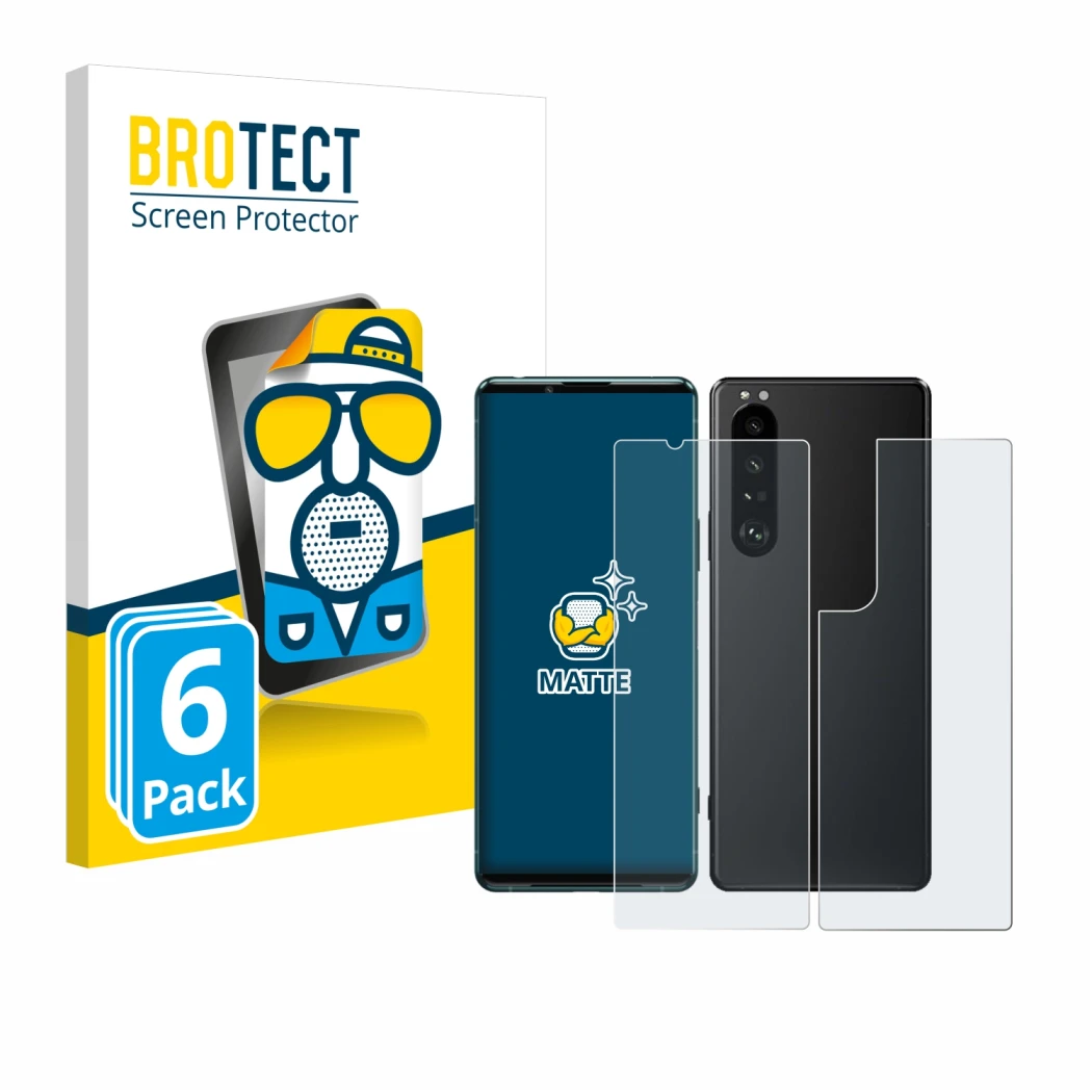 Face avant d’un emballage produit avec le logo de la marque BROTECT. À côté, l’appareil Sony Xperia 5 III (Avant+Arrière) est 