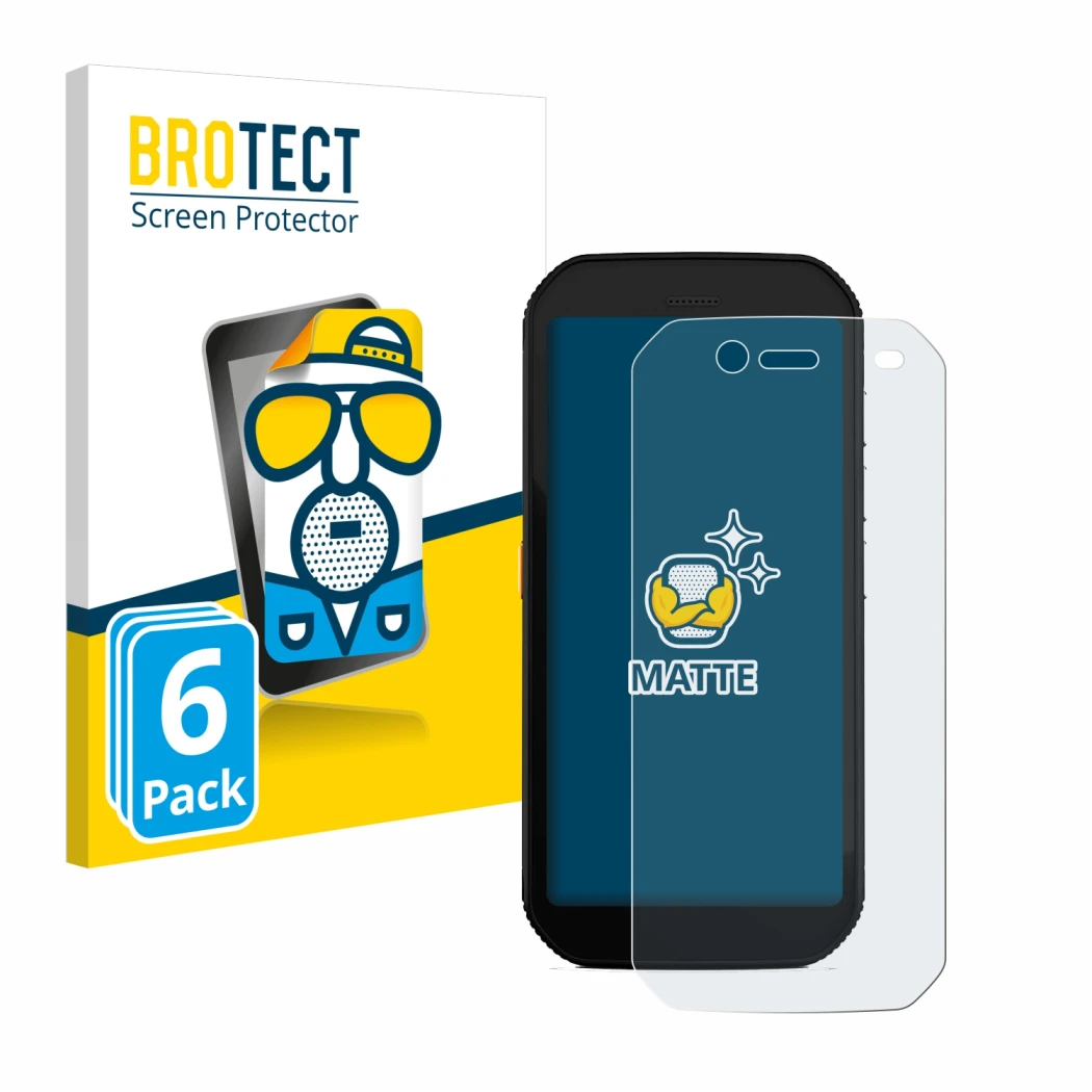 Face avant d’un emballage produit avec le logo de la marque BROTECT. À côté, l’appareil Caterpillar Cat S42 H+ est représenté