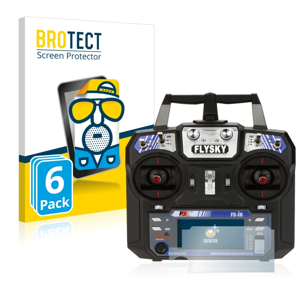 Face avant d’un emballage produit avec le logo de la marque BROTECT. À côté, l’appareil FlySky FS-i6 est représenté avec la pr