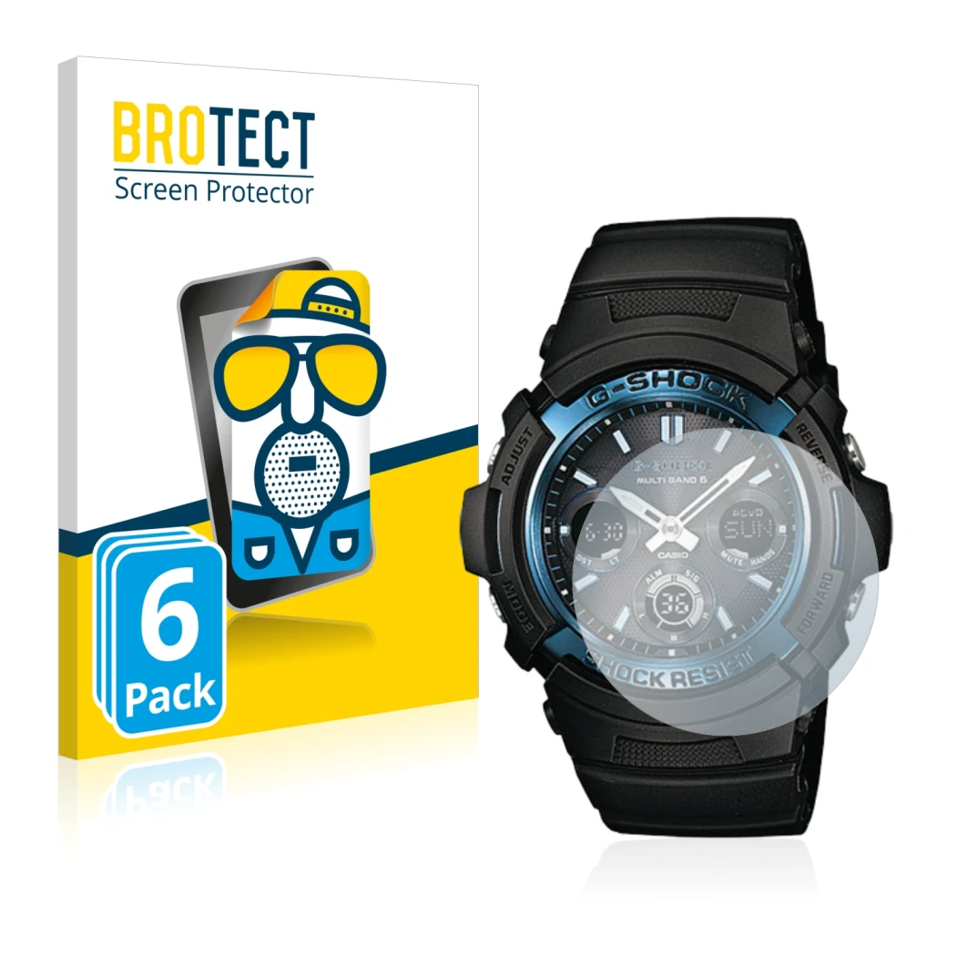 Face avant d’un emballage produit avec le logo de la marque BROTECT. À côté, l’appareil Casio AWG M100 est représenté avec la