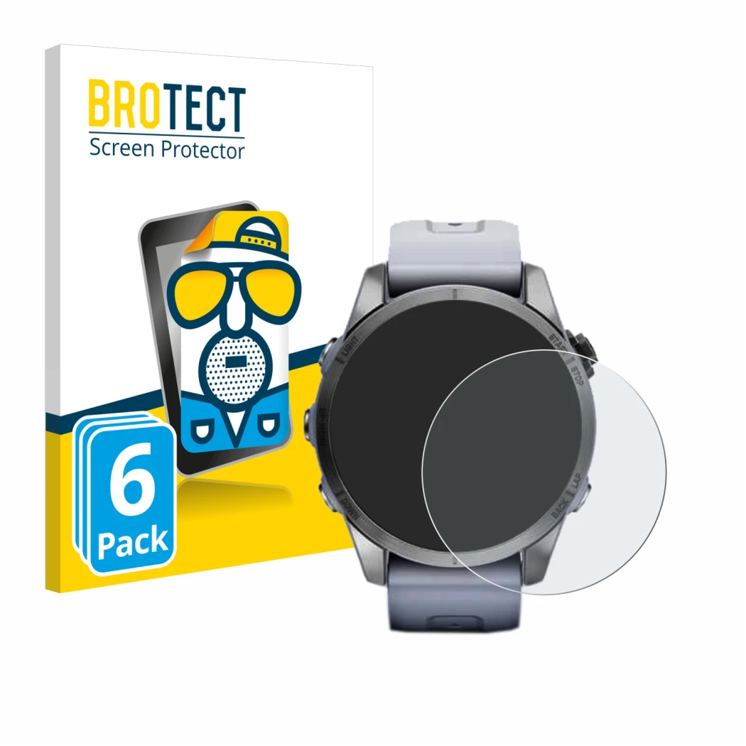 Face avant d’un emballage produit avec le logo de la marque BROTECT. À côté, l’appareil Garmin Fenix 7S (42 mm) est représenté