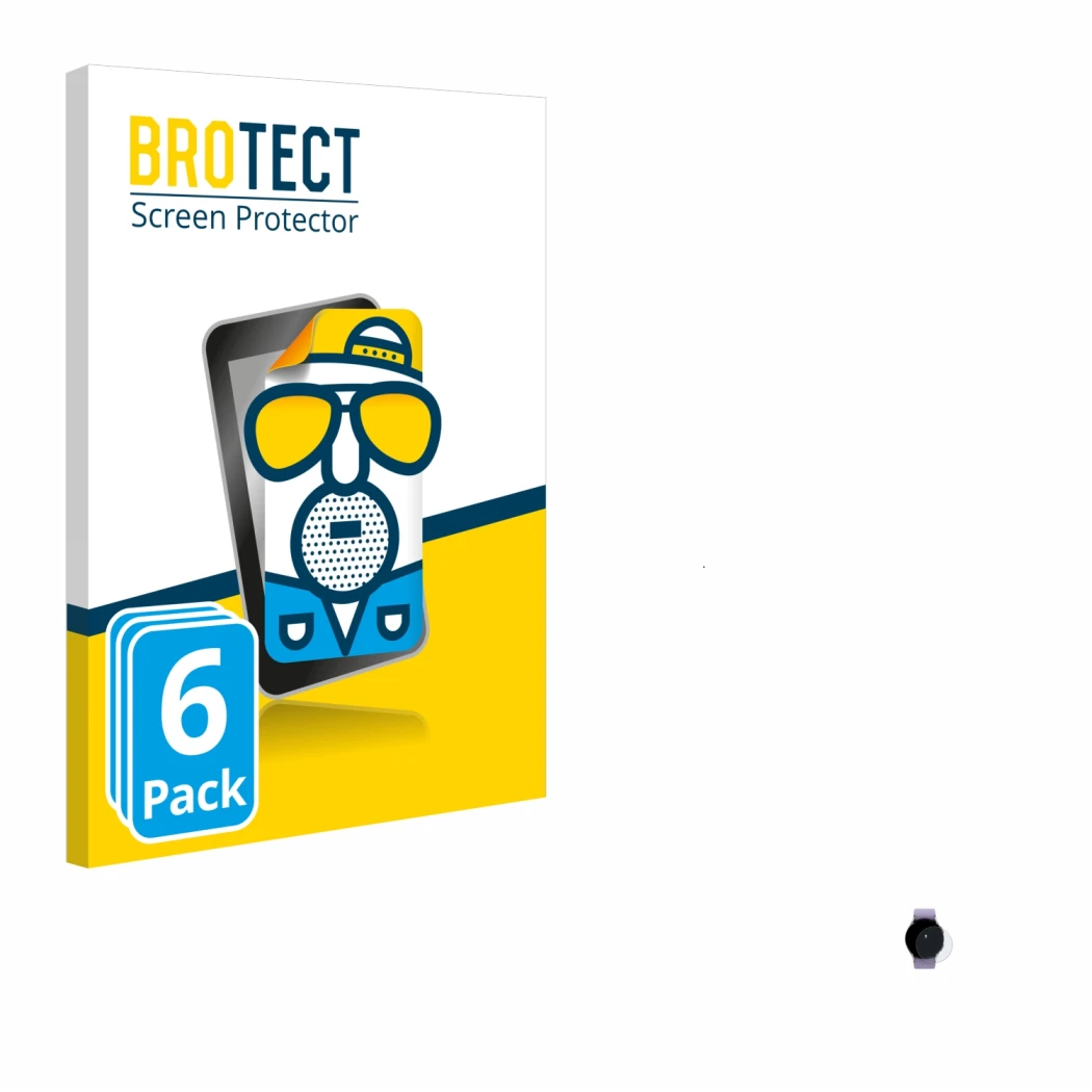 Face avant d’un emballage produit avec le logo de la marque BROTECT. À côté, l’appareil Samsung Galaxy Watch 5 (40mm) est repr