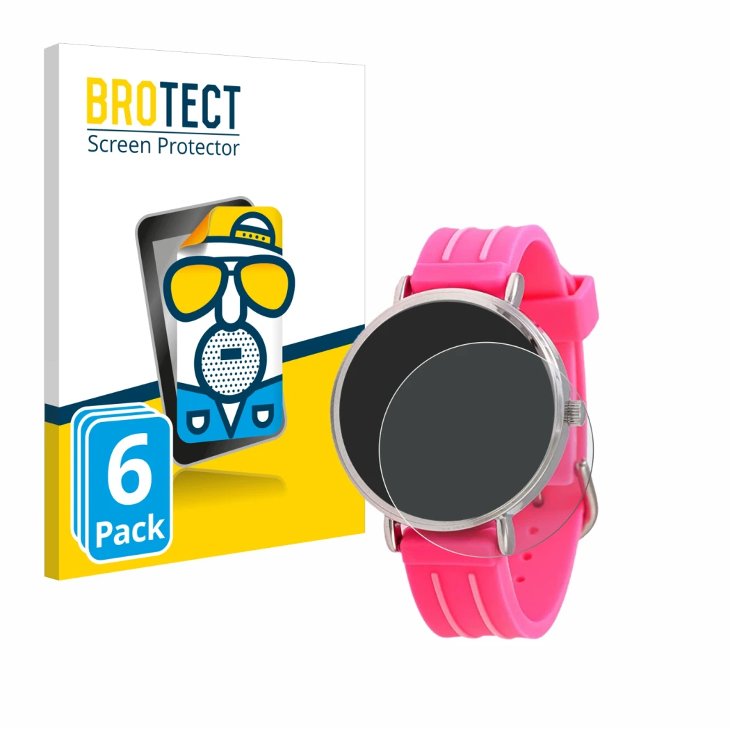 Face avant d’un emballage produit avec le logo de la marque BROTECT. À côté, l’appareil Kiddus Children's Learning Watch est r