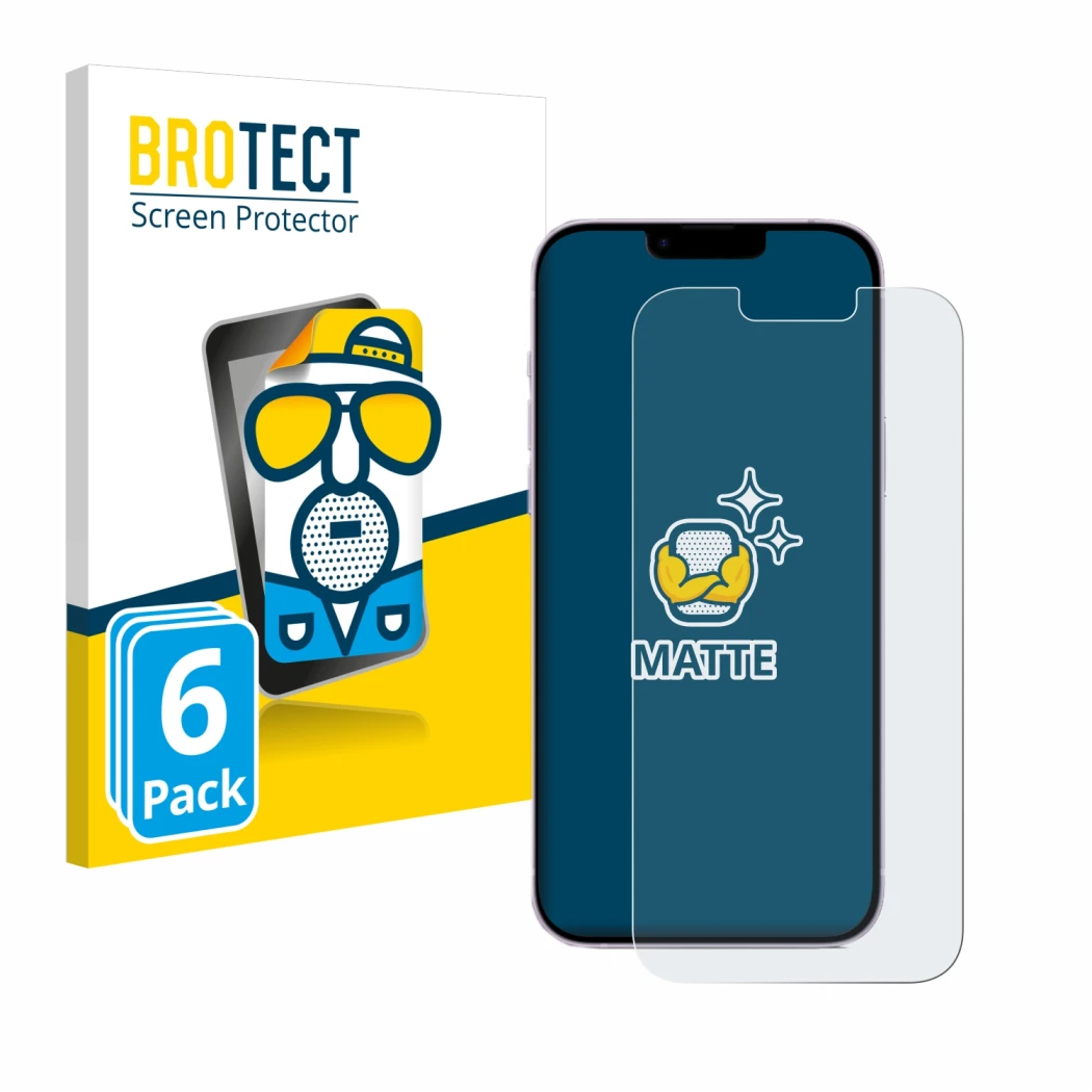 Face avant d’un emballage produit avec le logo de la marque BROTECT. À côté, l’appareil Apple iPhone 14 Plus est représenté av