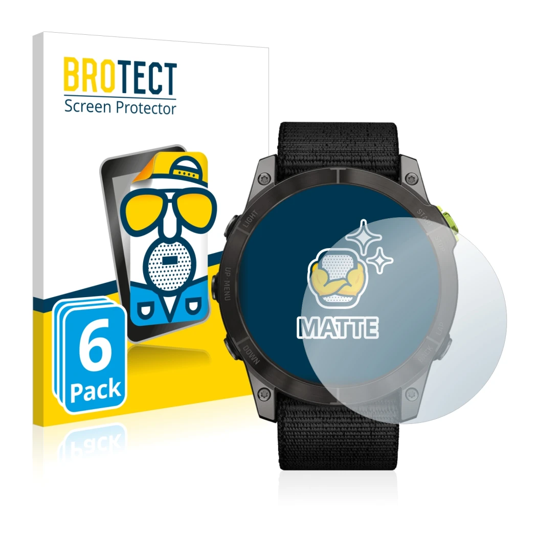 Face avant d’un emballage produit avec le logo de la marque BROTECT. À côté, l’appareil Garmin Enduro 2 est représenté avec la