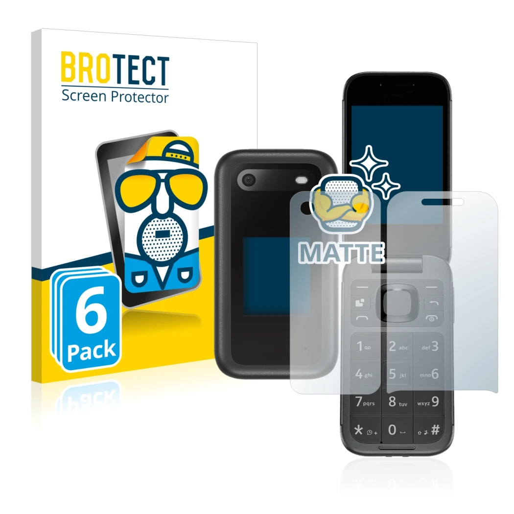 Face avant d’un emballage produit avec le logo de la marque BROTECT. À côté, l’appareil Nokia 2660 Flip (Avant+Arrière) est re