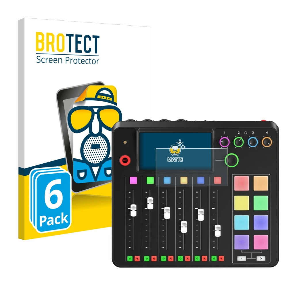 Face avant d’un emballage produit avec le logo de la marque BROTECT. À côté, l’appareil Rode Rodecaster Pro II est représenté