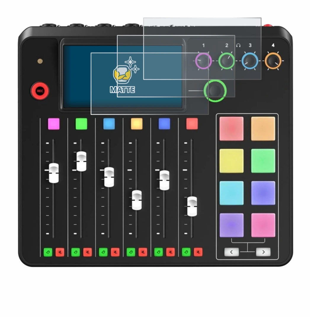 Image de l'appareil Rode Rodecaster Pro II avec une grande variété de protections d'écran.