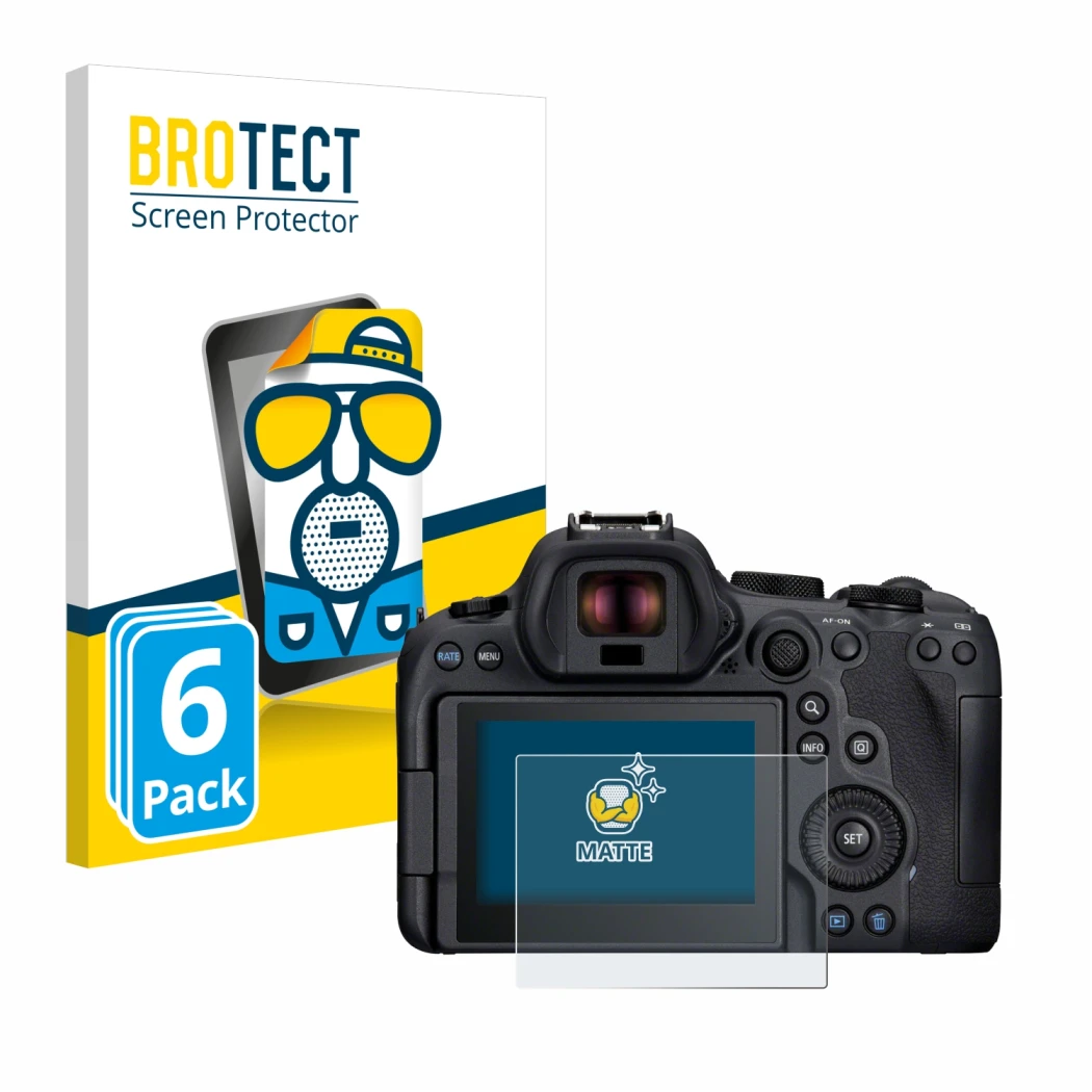 Face avant d’un emballage produit avec le logo de la marque BROTECT. À côté, l’appareil Canon EOS R6 Mark II est représenté av