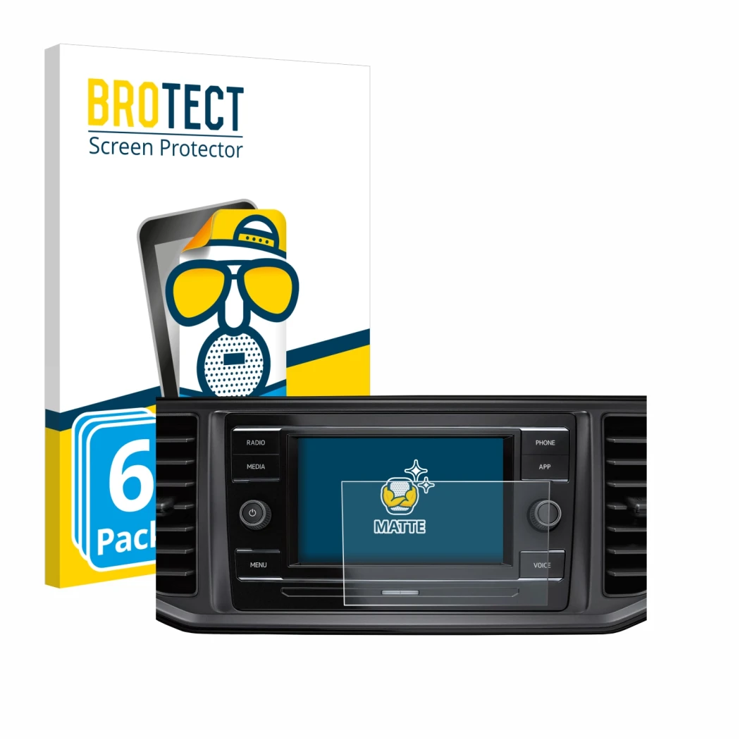 Face avant d’un emballage produit avec le logo de la marque BROTECT. À côté, l’appareil Volkswagen Crafter Composition Colour