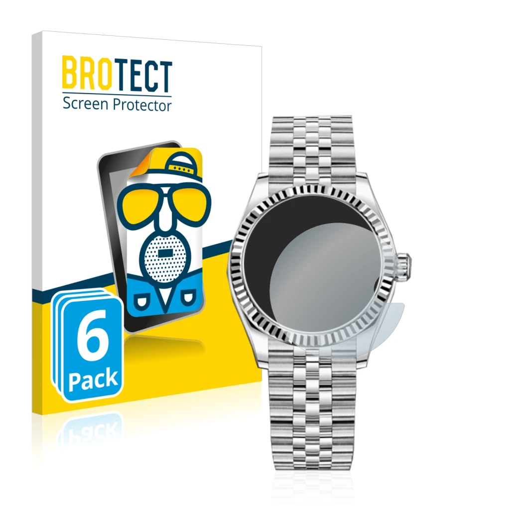 Face avant d’un emballage produit avec le logo de la marque BROTECT. À côté, l’appareil Rolex Datejust 31 est représenté avec