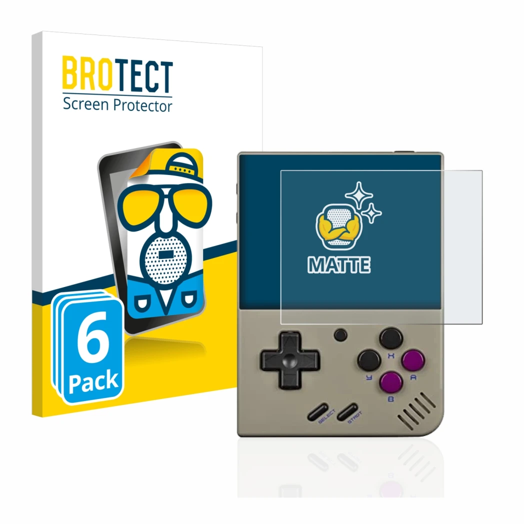 Face avant d’un emballage produit avec le logo de la marque BROTECT. À côté, l’appareil Miyoo Mini Plus est représenté avec la