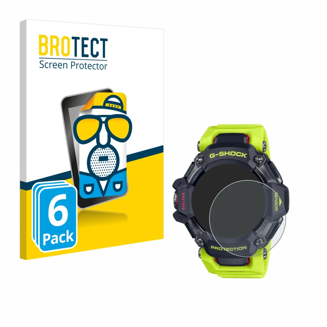 Face avant d’un emballage produit avec le logo de la marque BROTECT. À côté, l’appareil Casio G-Shock GBD-H2000 est représenté