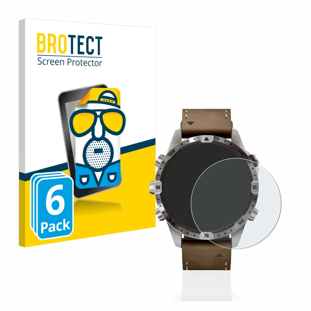 Face avant d’un emballage produit avec le logo de la marque BROTECT. À côté, l’appareil Garmin Marq Adventurer (Gen 2) est rep