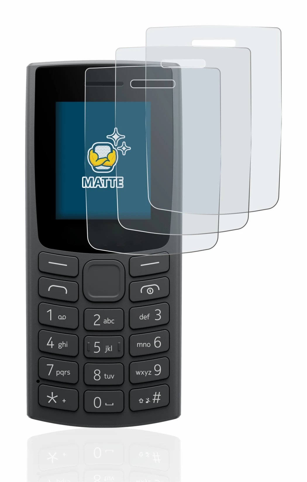 Image de l'appareil Nokia 105 (2023) avec une grande variété de protections d'écran.