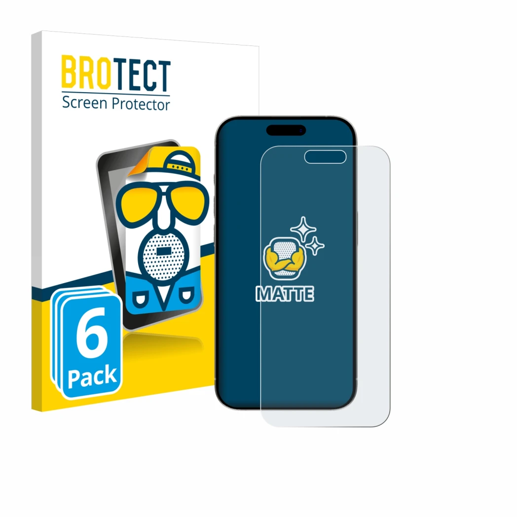 Face avant d’un emballage produit avec le logo de la marque BROTECT. À côté, l’appareil Apple iPhone 15 est représenté avec la