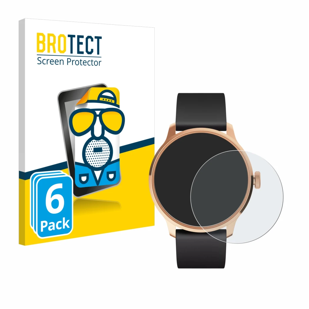 Face avant d’un emballage produit avec le logo de la marque BROTECT. À côté, l’appareil Withings ScanWatch Light est représent