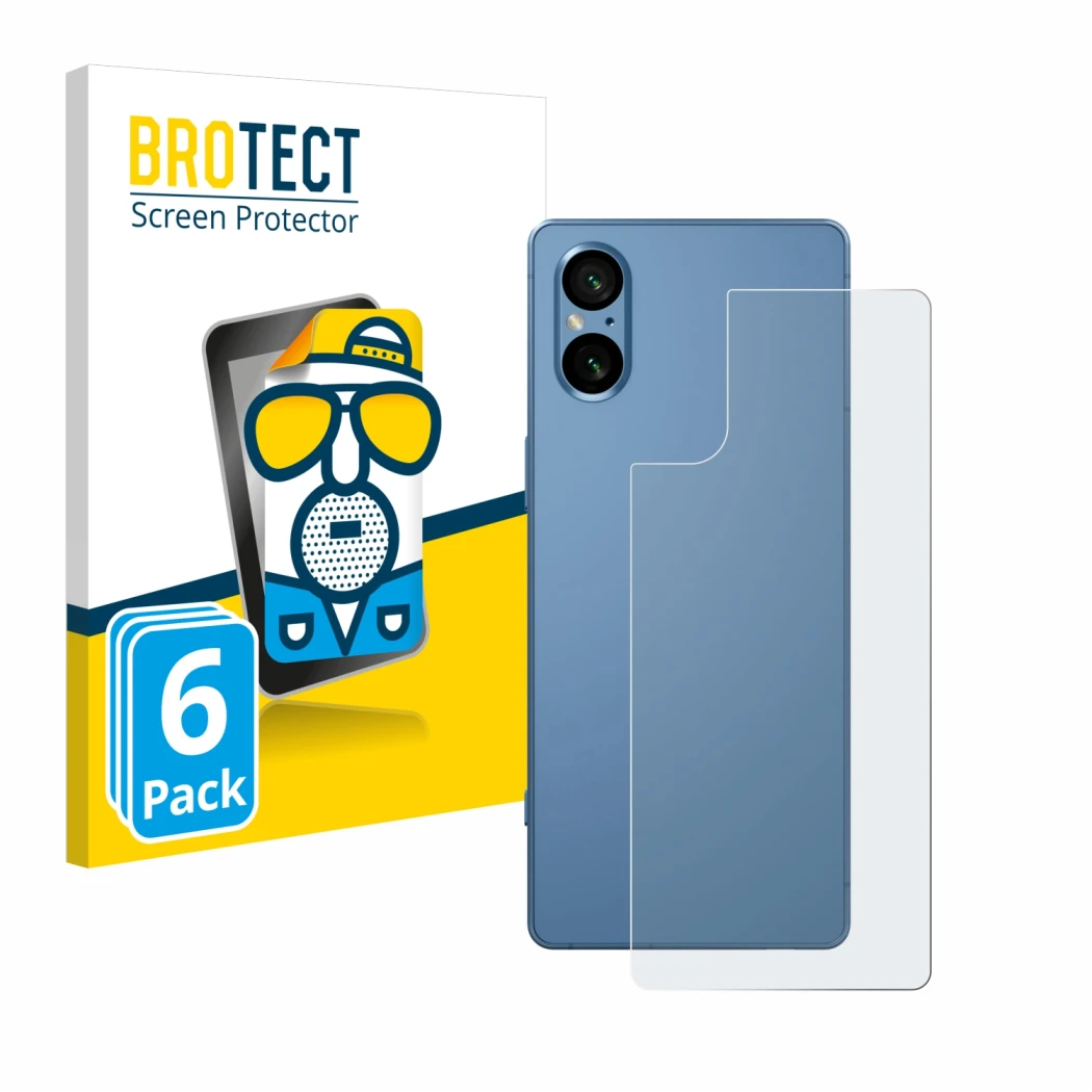 Face avant d’un emballage produit avec le logo de la marque BROTECT. À côté, l’appareil Sony Xperia 5 V (Arrière) est représen