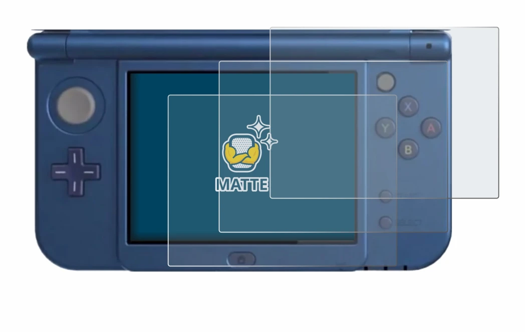 Image de l'appareil Nintendo New 3DS XL (Affichage inférieur) avec une grande variété de protections d'écran.