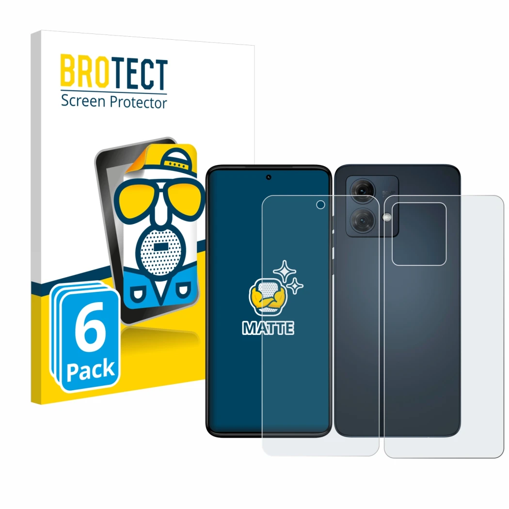Face avant d’un emballage produit avec le logo de la marque BROTECT. À côté, l’appareil Motorola Moto G84 (Avant+Arrière) est 