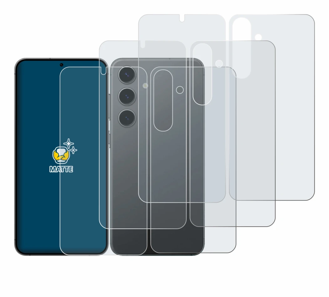 Image de l'appareil Samsung Galaxy S24 Plus (Avant+Arrière) avec une grande variété de protections d'écran.