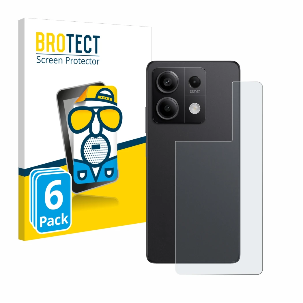 Face avant d’un emballage produit avec le logo de la marque BROTECT. À côté, l’appareil Xiaomi Redmi Note 13 Pro 5G (Arrière) 