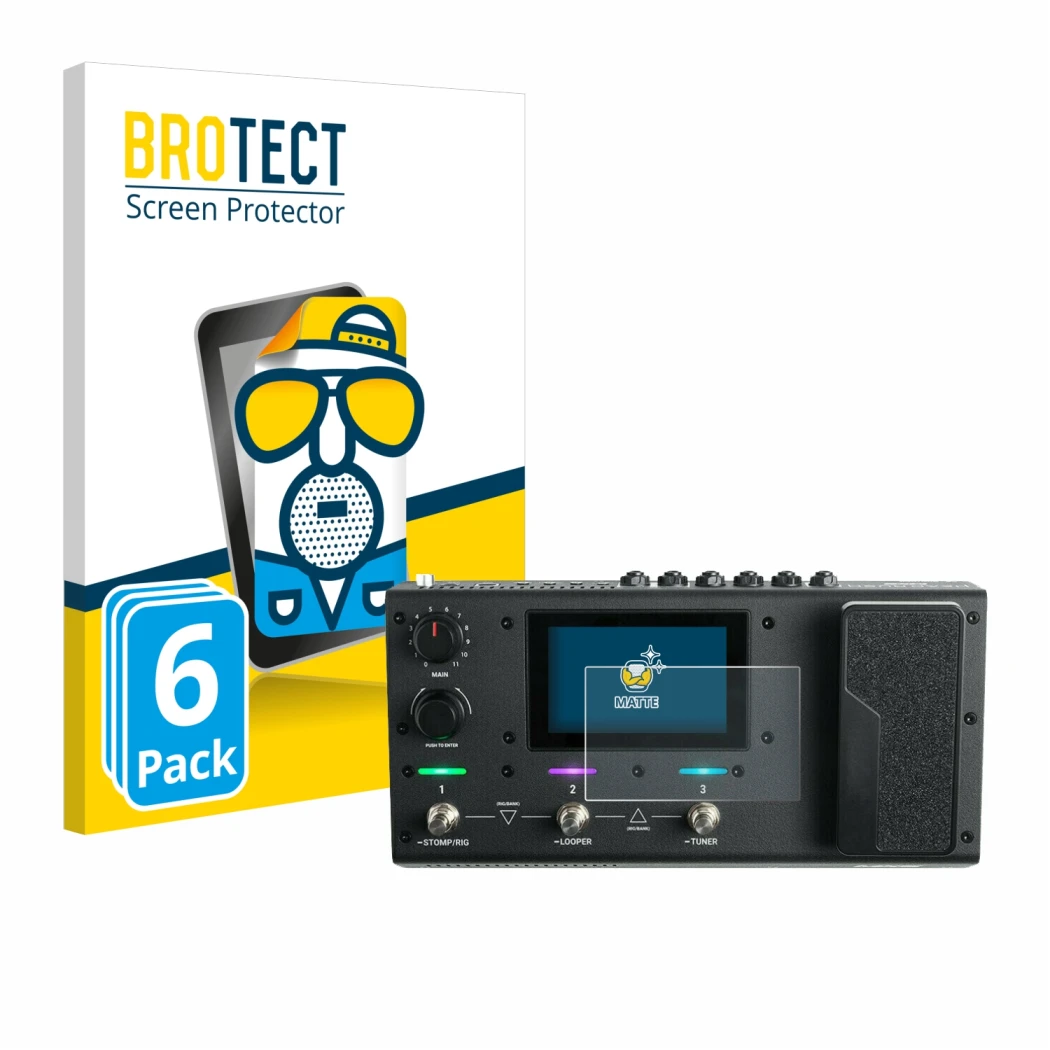 Face avant d’un emballage produit avec le logo de la marque BROTECT. À côté, l’appareil Headrush MX5 est représenté avec la pr