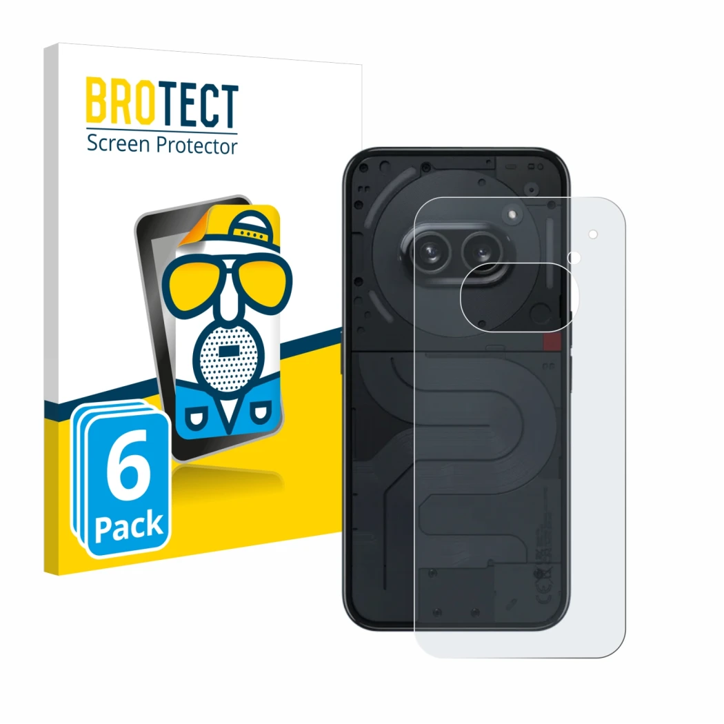 Face avant d’un emballage produit avec le logo de la marque BROTECT. À côté, l’appareil Nothing Phone (2a) (Arrière) est repré