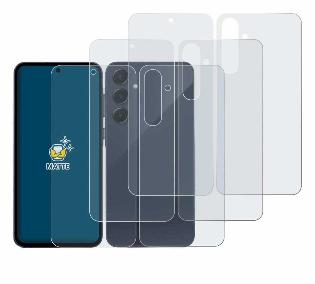 Image de l'appareil Samsung Galaxy A55 5G (Avant+Arrière) avec une grande variété de protections d'écran.