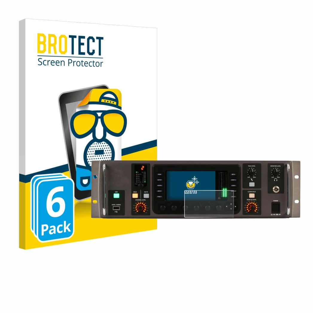 Face avant d’un emballage produit avec le logo de la marque BROTECT. À côté, l’appareil Behringer X32 Rack est représenté avec