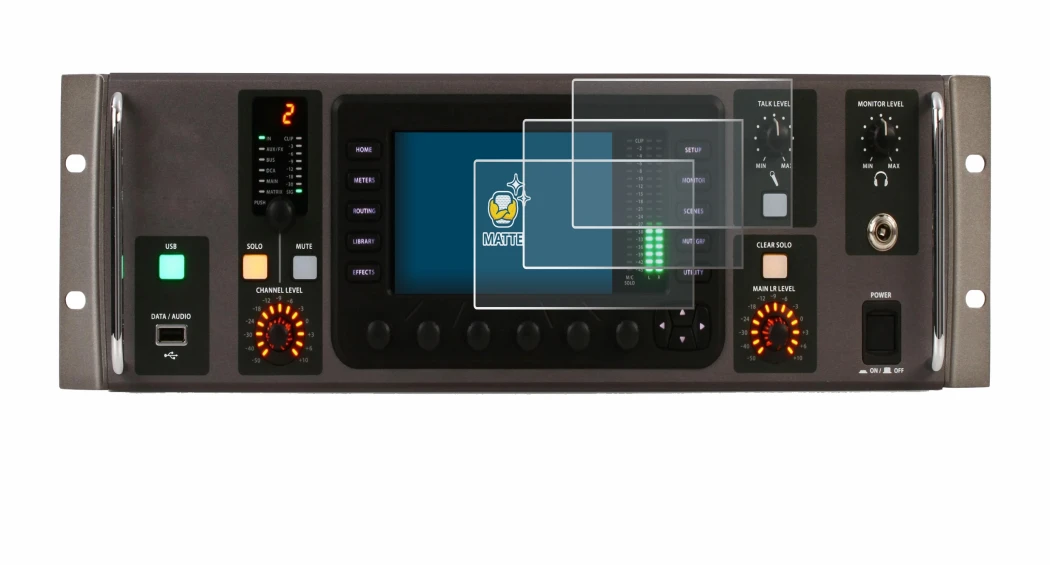 Image de l'appareil Behringer X32 Rack avec une grande variété de protections d'écran.