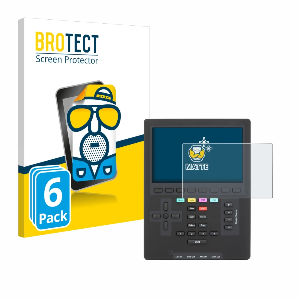 Face avant d’un emballage produit avec le logo de la marque BROTECT. À côté, l’appareil Polyend Tracker Mini est représenté av