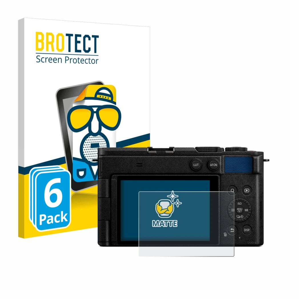 Face avant d’un emballage produit avec le logo de la marque BROTECT. À côté, l’appareil Panasonic Lumix DC-S9 est représenté a