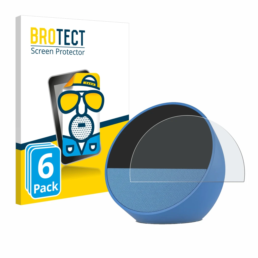 Face avant d’un emballage produit avec le logo de la marque BROTECT. À côté, l’appareil Amazon Echo Spot 2024 est représenté a