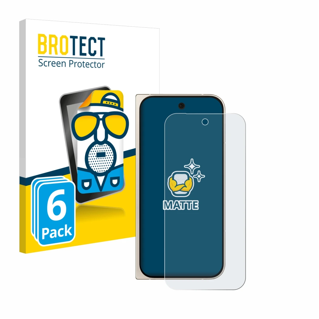 Face avant d’un emballage produit avec le logo de la marque BROTECT. À côté, l’appareil Google Pixel 9 Pro Fold est représenté