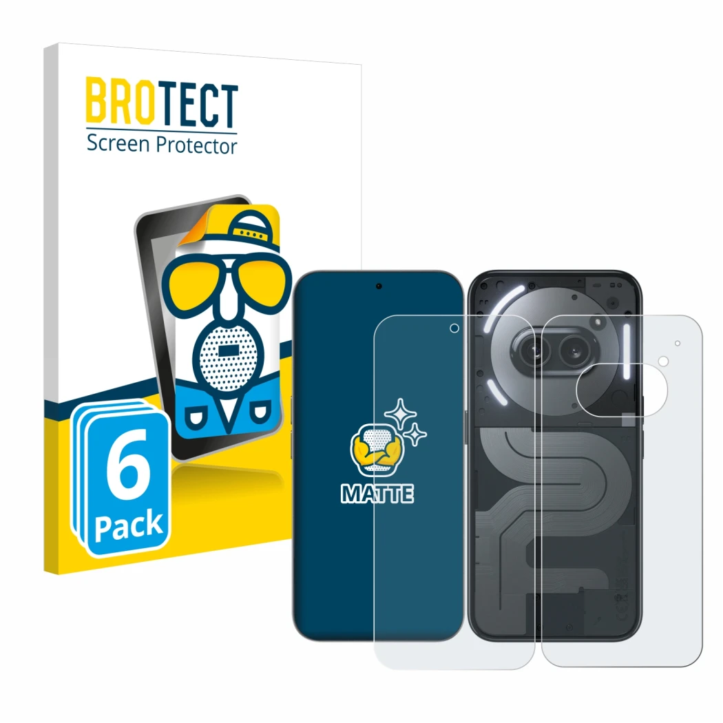 Face avant d’un emballage produit avec le logo de la marque BROTECT. À côté, l’appareil Nothing Phone (2a) Plus (Avant+Arrière