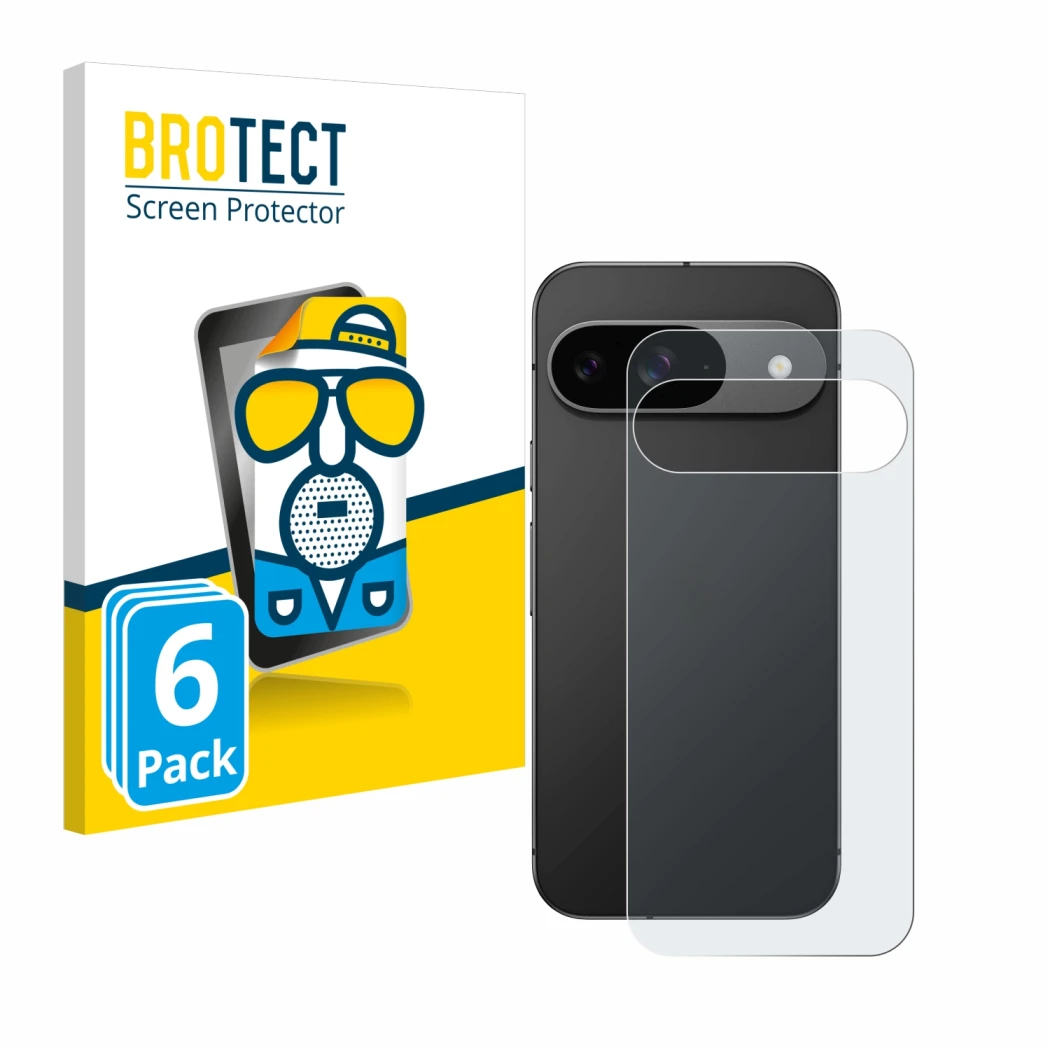 Face avant d’un emballage produit avec le logo de la marque BROTECT. À côté, l’appareil Google Pixel 9 (Arrière) est représent