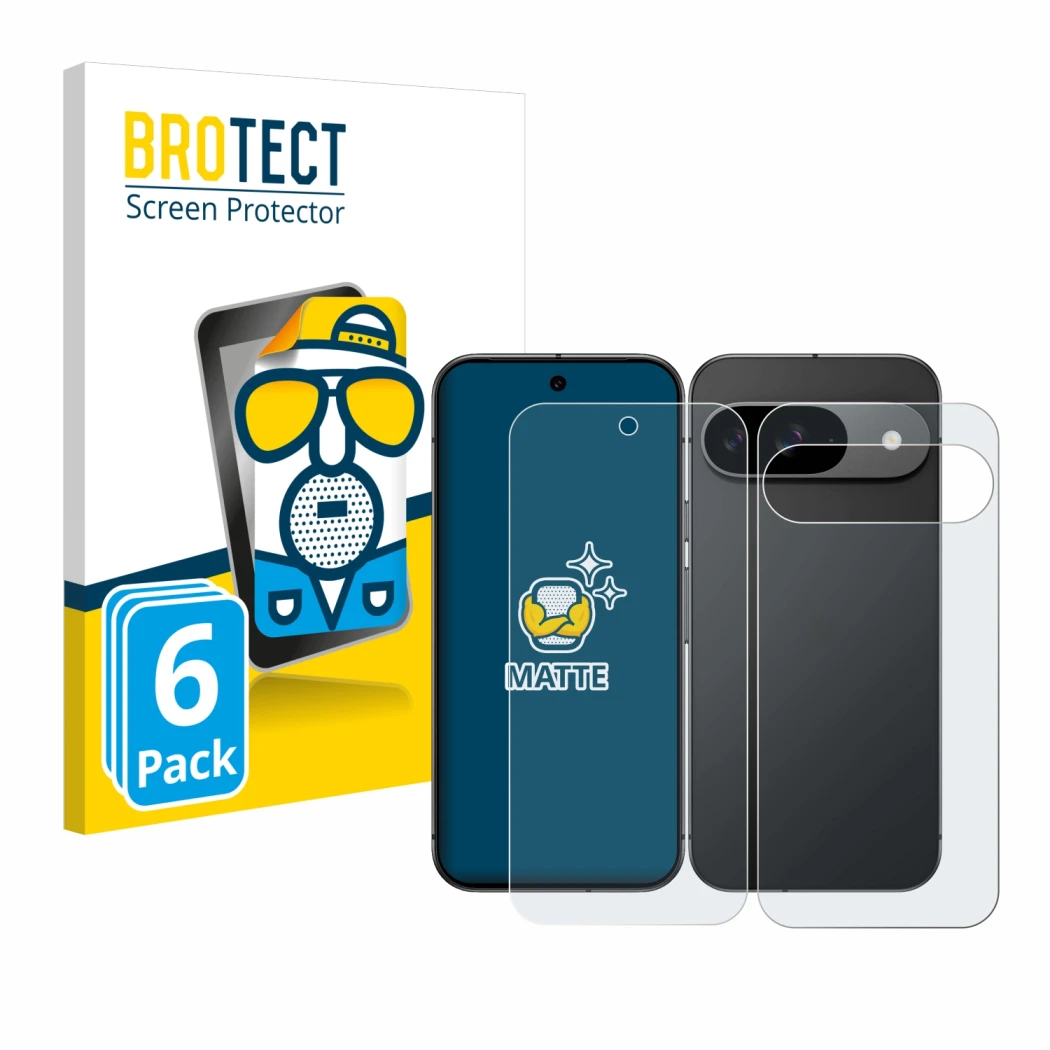 Face avant d’un emballage produit avec le logo de la marque BROTECT. À côté, l’appareil Google Pixel 9 (Avant+Arrière) est rep