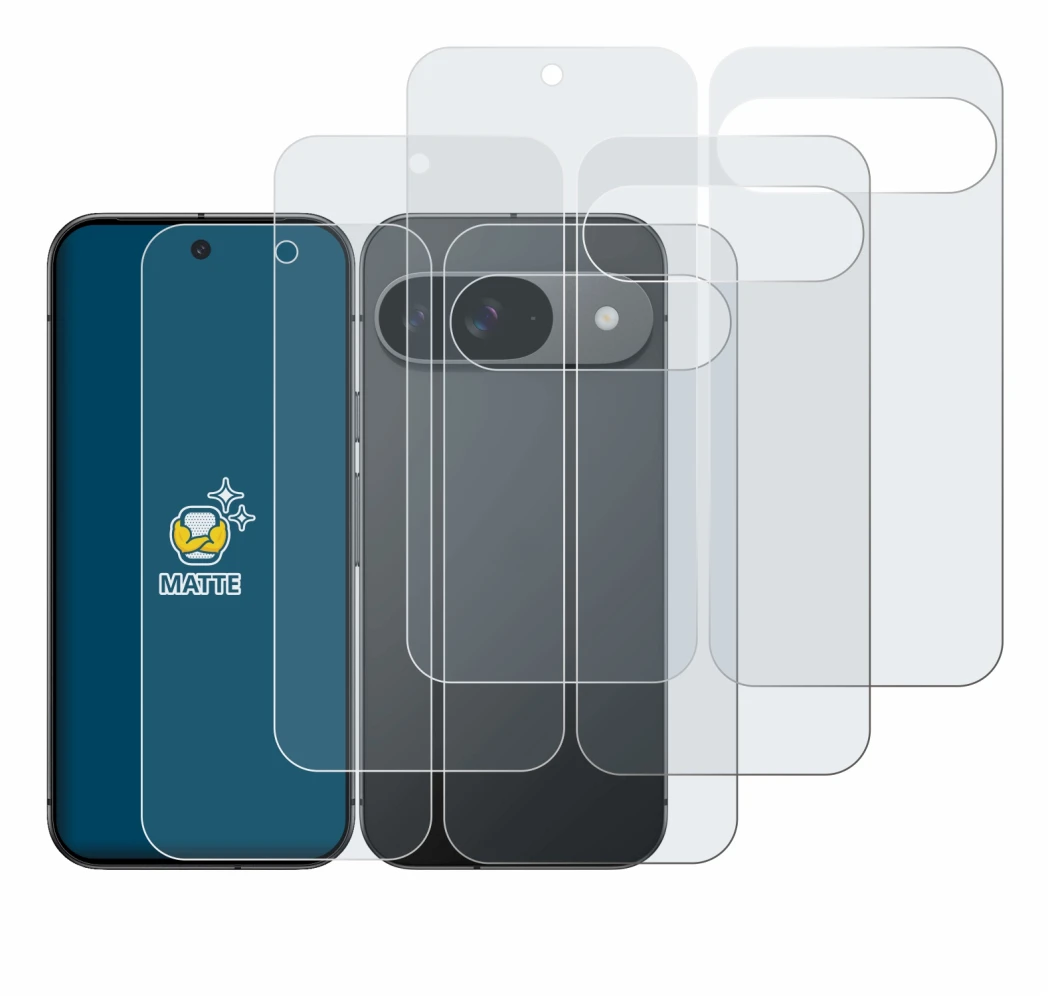 Image de l'appareil Google Pixel 9 (Avant+Arrière) avec une grande variété de protections d'écran.