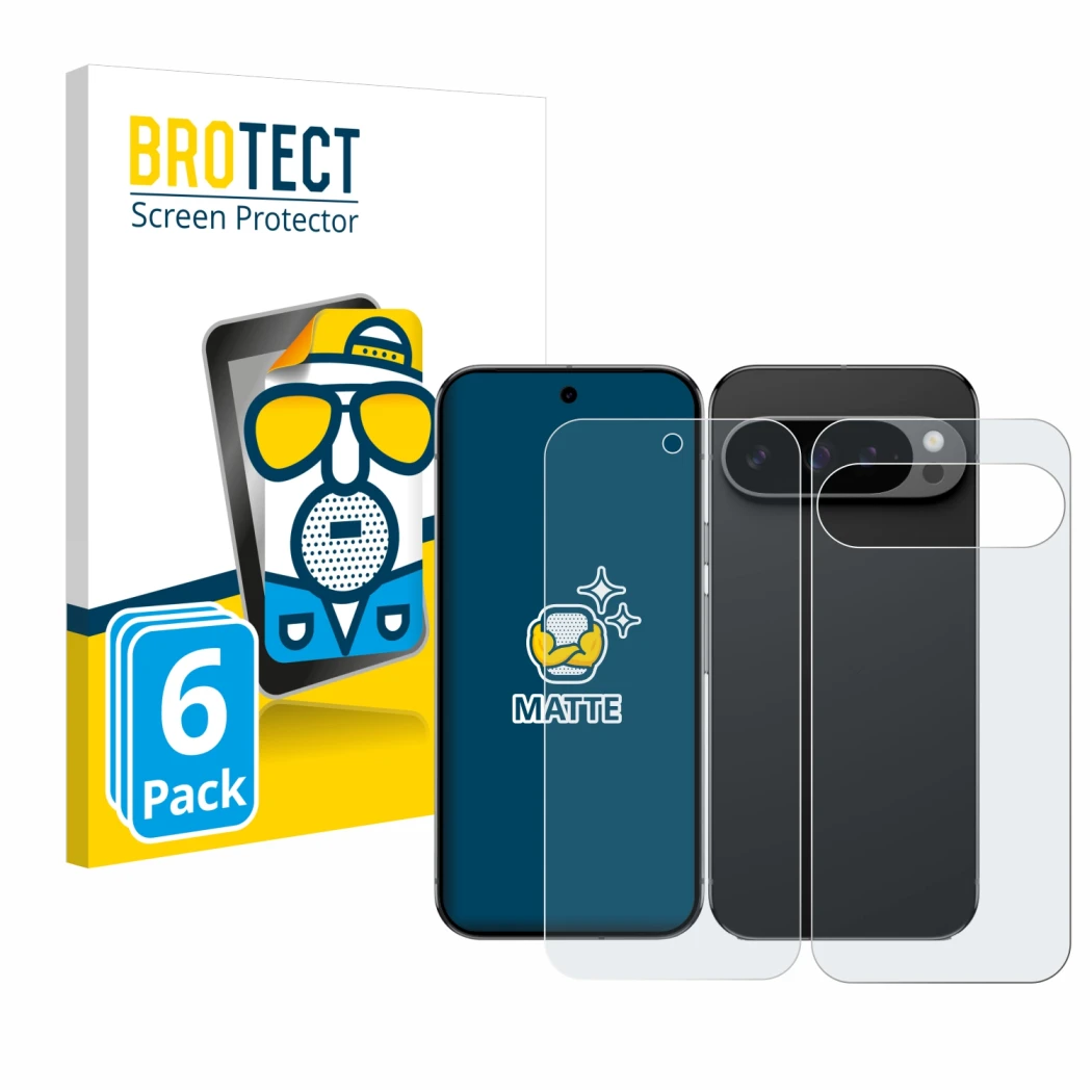 Face avant d’un emballage produit avec le logo de la marque BROTECT. À côté, l’appareil Google Pixel 9 Pro (Avant+Arrière) est