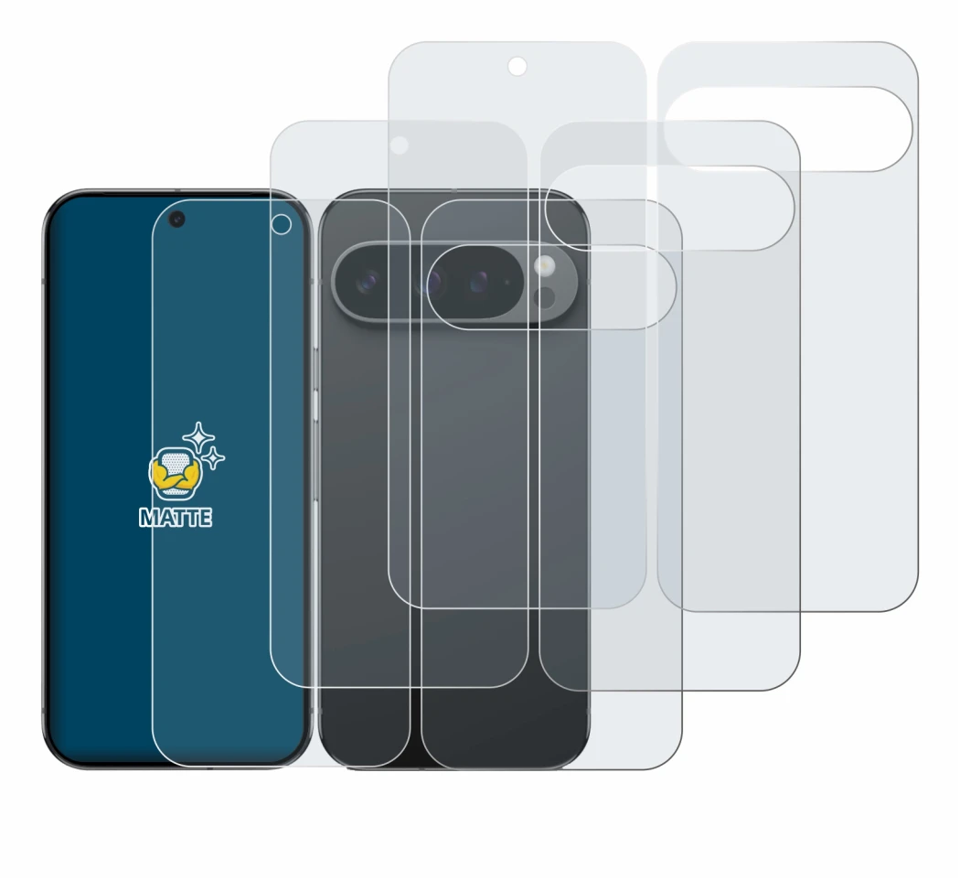 Image de l'appareil Google Pixel 9 Pro (Avant+Arrière) avec une grande variété de protections d'écran.