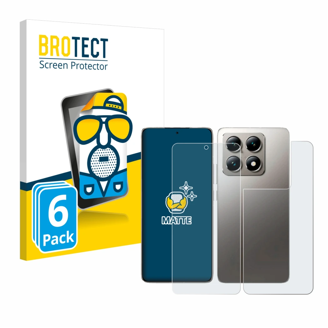 Face avant d’un emballage produit avec le logo de la marque BROTECT. À côté, l’appareil Xiaomi 14T (Avant+Arrière) est représe