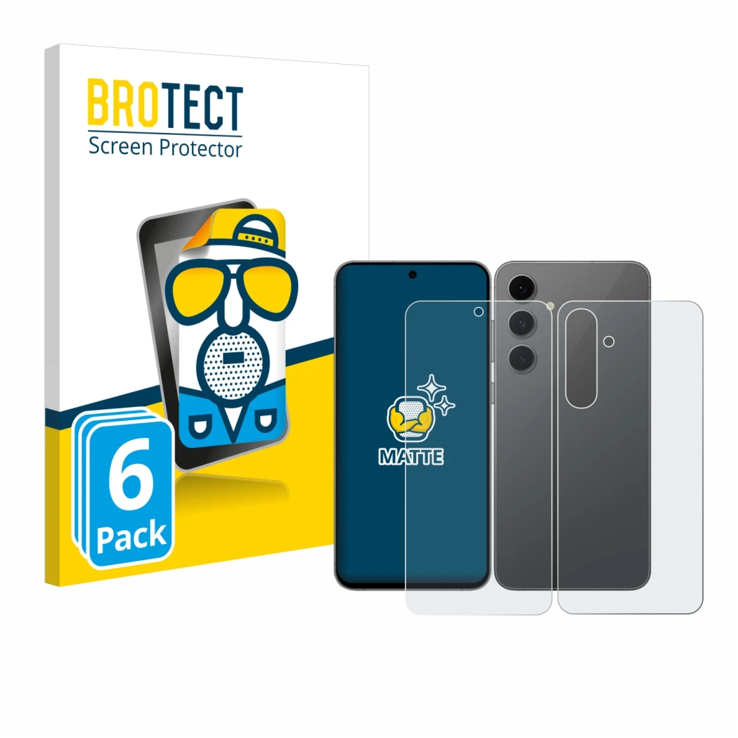 Face avant d’un emballage produit avec le logo de la marque BROTECT. À côté, l’appareil Samsung Galaxy S24 FE (Avant+Arrière) 