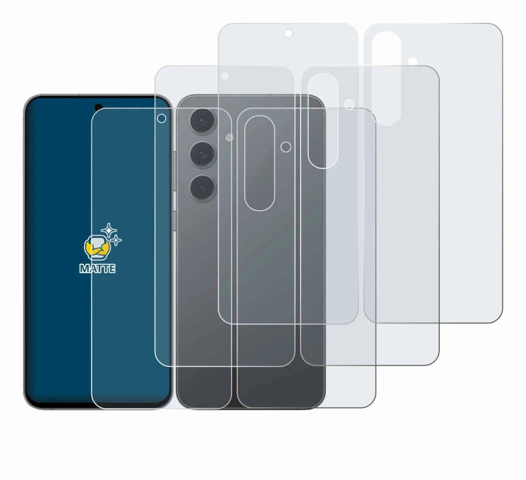 Image de l'appareil Samsung Galaxy S24 FE (Avant+Arrière) avec une grande variété de protections d'écran.