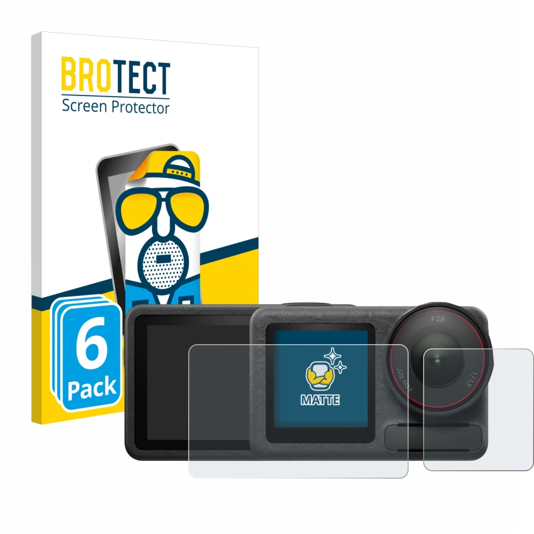 Face avant d’un emballage produit avec le logo de la marque BROTECT. À côté, l’appareil DJI Osmo Action 5 Pro (case-friendly) 