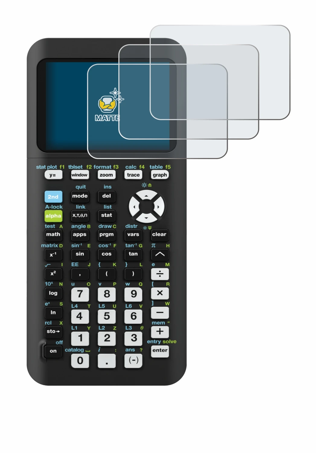 Image de l'appareil Texas Instruments TI-84 Plus CE-T Python avec une grande variété de protections d'écran.